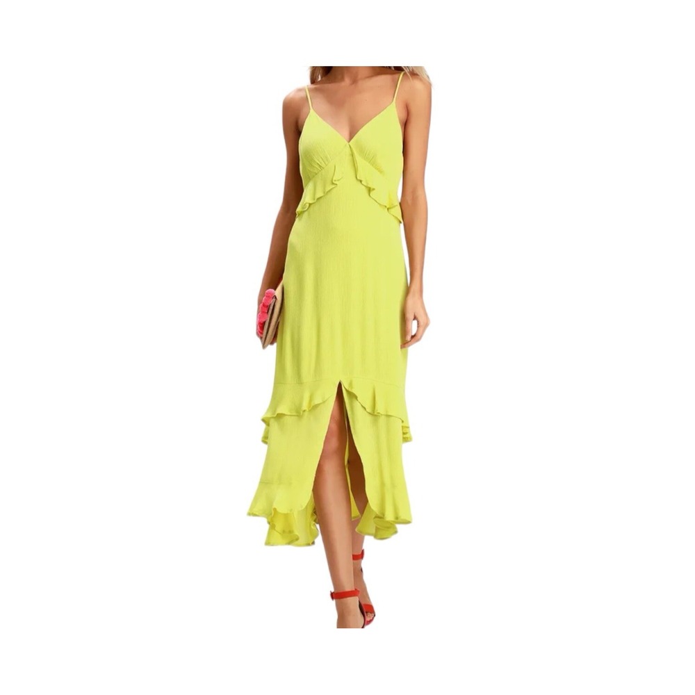 Lulus Island Time Lime Green Midi Dress S Ruffle Hi Low Spaghetti Strap Y2K
